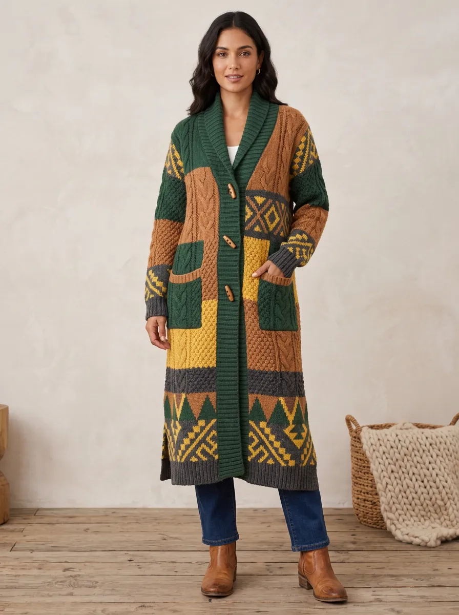 Women's Boho Style Geometric Pattern Knitted Long Cardigan