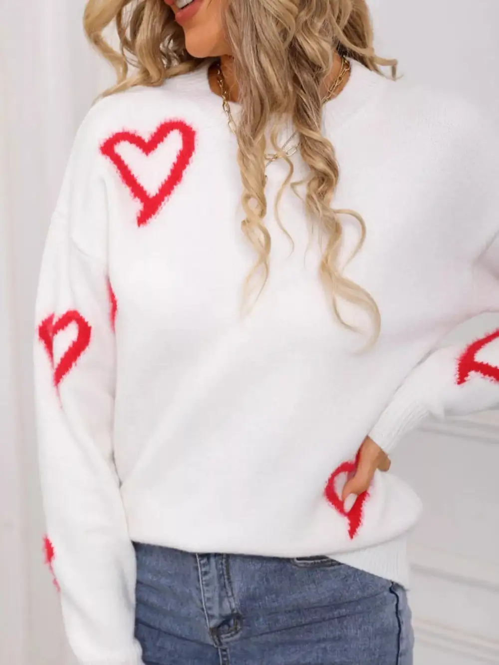 Valentine's Day Heart Print Crew Neck Sweater