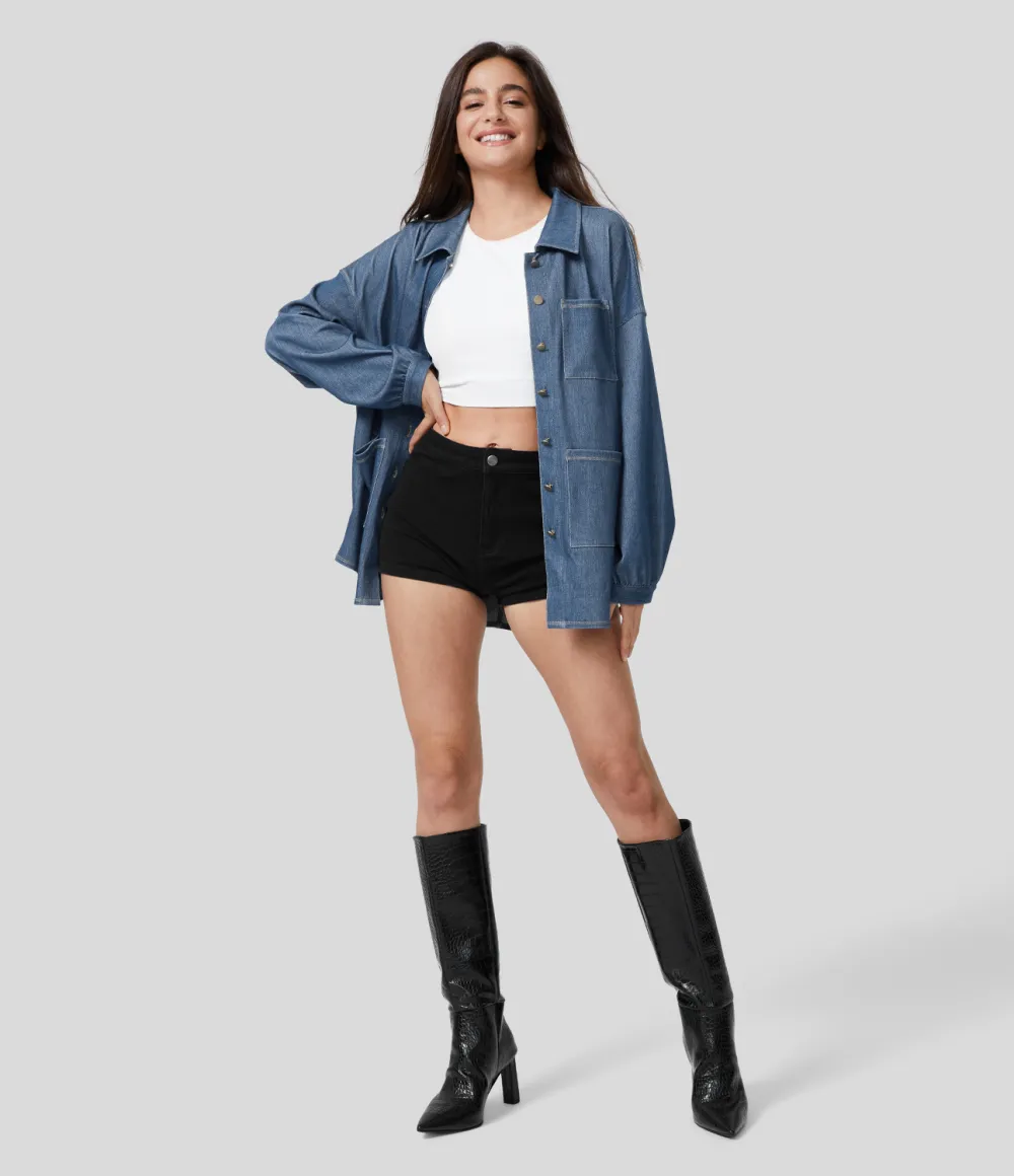 Magic Collared Multiple Pockets Button Front Split Curved Hem Stretchy Knit Denim Work Oversize Jacket