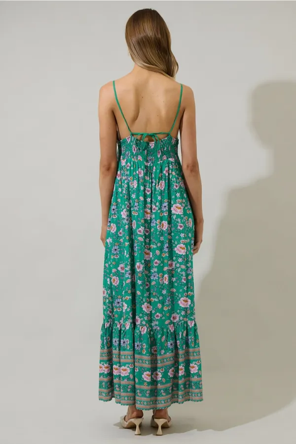 Green Floral Tie Back Maxi Dress