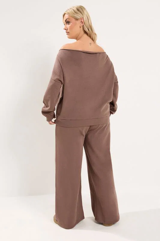 Brown Off Shoulder Sweatshirt & Jogger Wide Leg Set detail 1