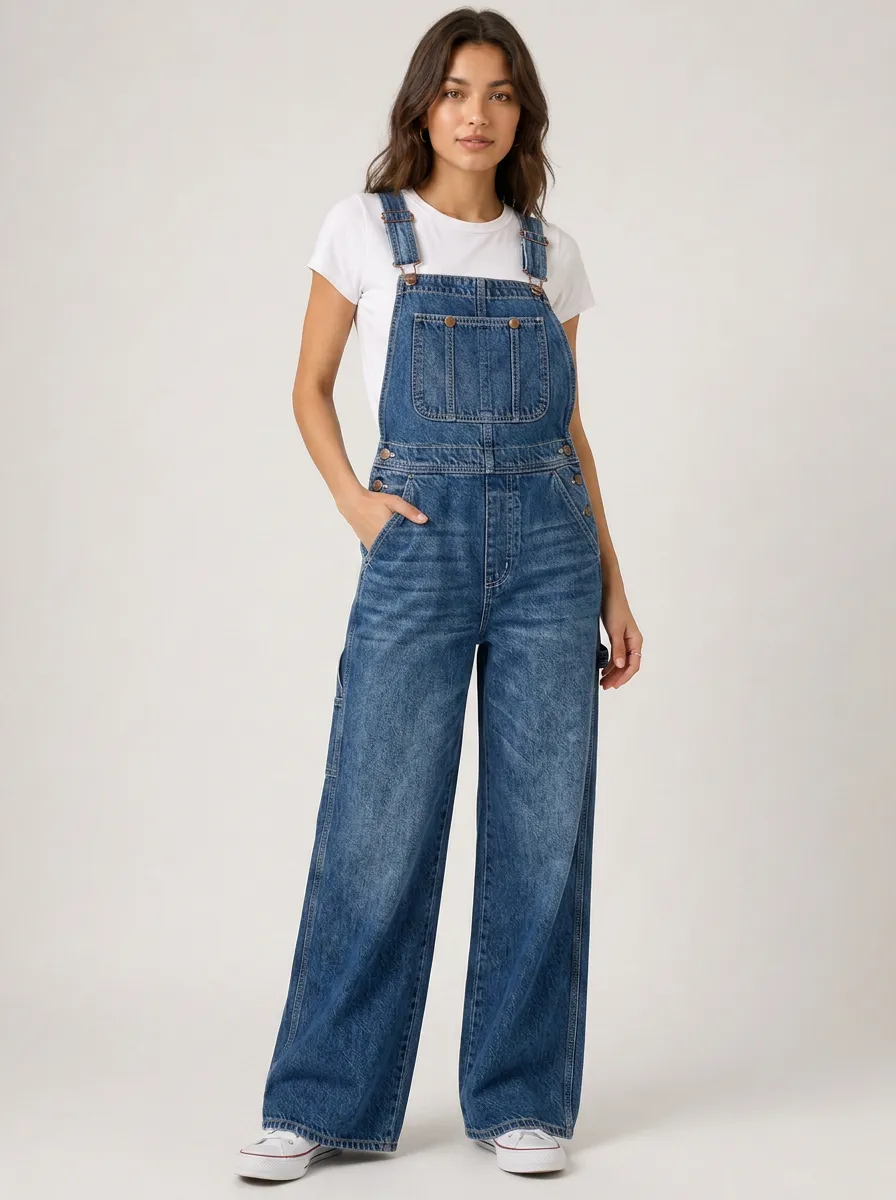 Women's Tailored Wide-Leg Denim Overalls