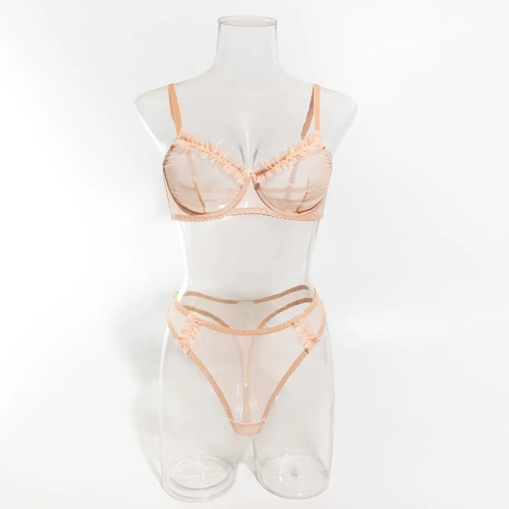 Pleated Mesh Lace Underwire Bra Set