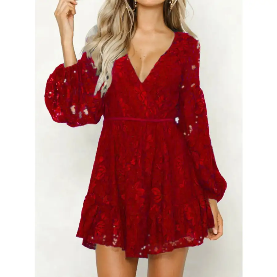 Lace V-Neck Long Sleeve Mini Dress