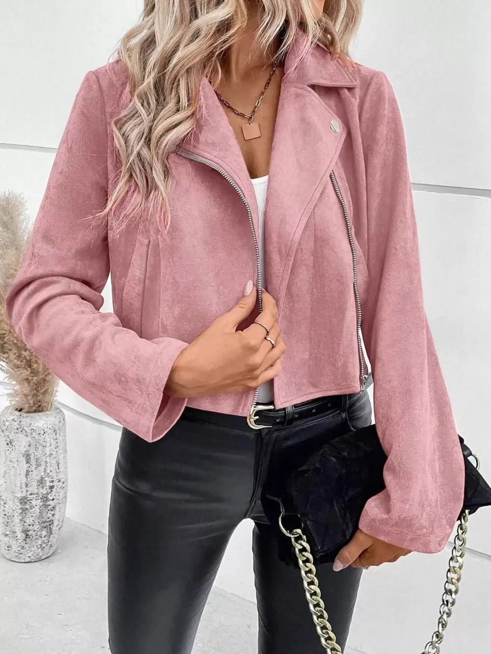Suede Moto Jacket With Zip Detail