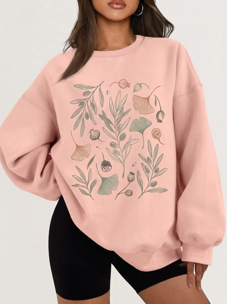 Women's Botanical Nature Lover Olive Ginkgo Leaf Printed Sweatshirt