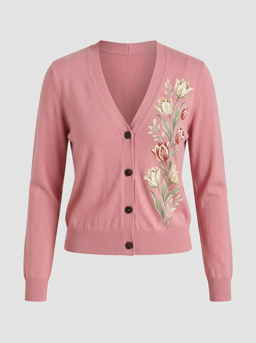 Women's V-Neck Embroidered Cardigan