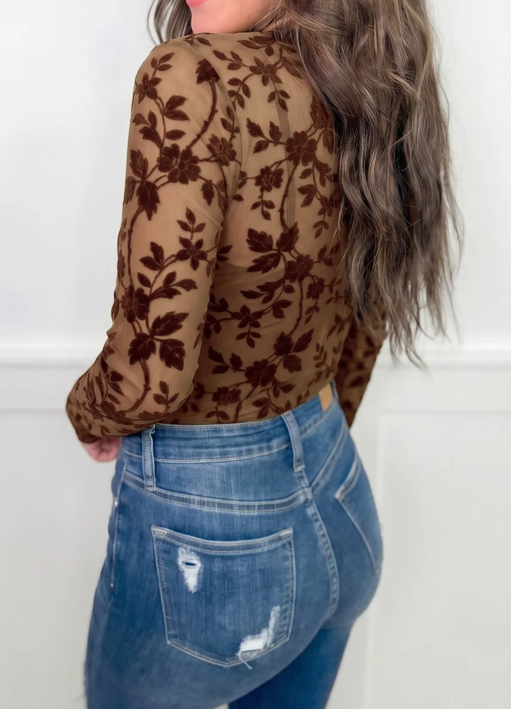 Floral Print Round Neck Mesh Stretch Fabric Long Sleeve Top
