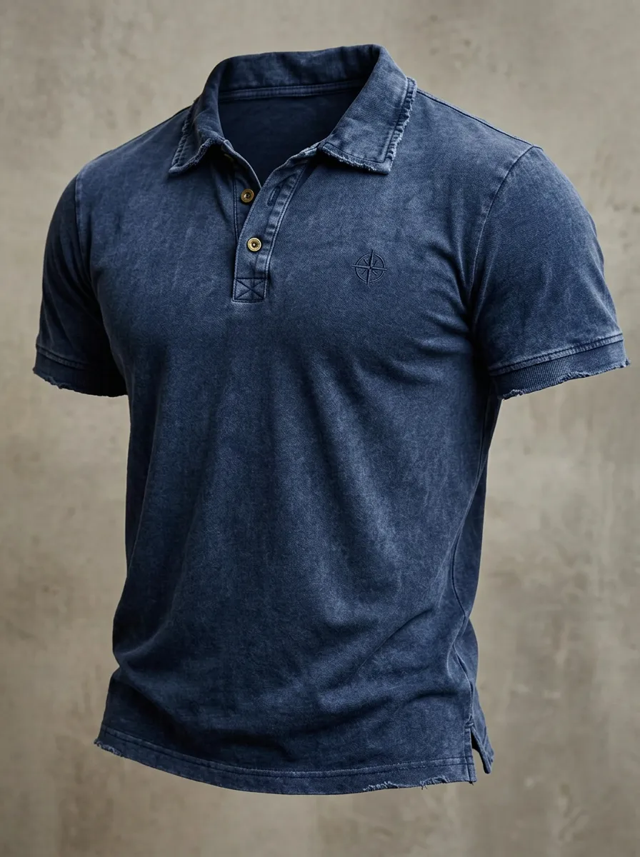 Acid-Wash Compass-Detail Embroidered-Detail Vintage-Inspired Men's Polo Shirt