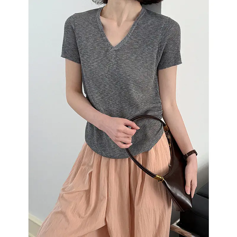 Button V-Neck Short Sleeve T-Shirt