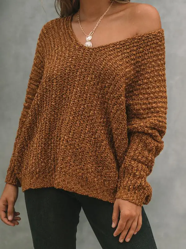 V-Neck Long Sleeve Relaxed Fit Pullover Sweater