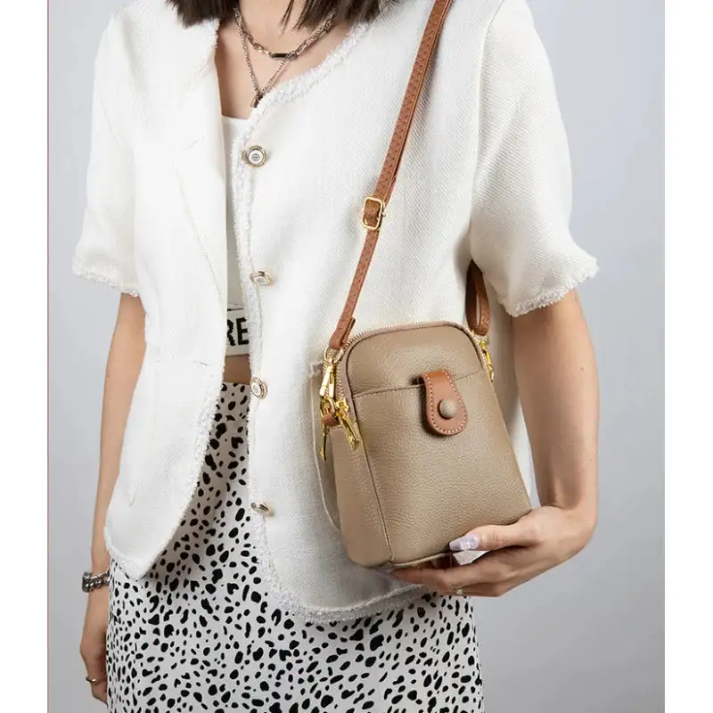 Minimalist Taupe Leather Everyday Phone Crossbody
