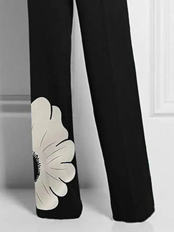 Soft High Waisted Straight Leg Asymmetric Floral Printed Split-Joint Suit Pants