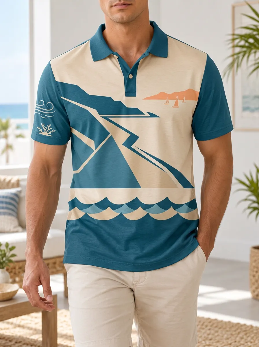 Men's Nautical Ocean Landscape Sailboat Printed Polo Shirt Weekend Casual Style