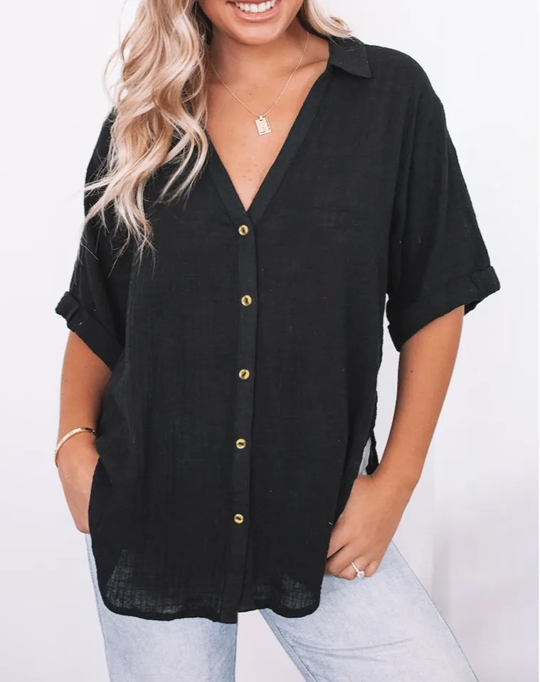 Loose V Neck Button Short Sleeve Shirt