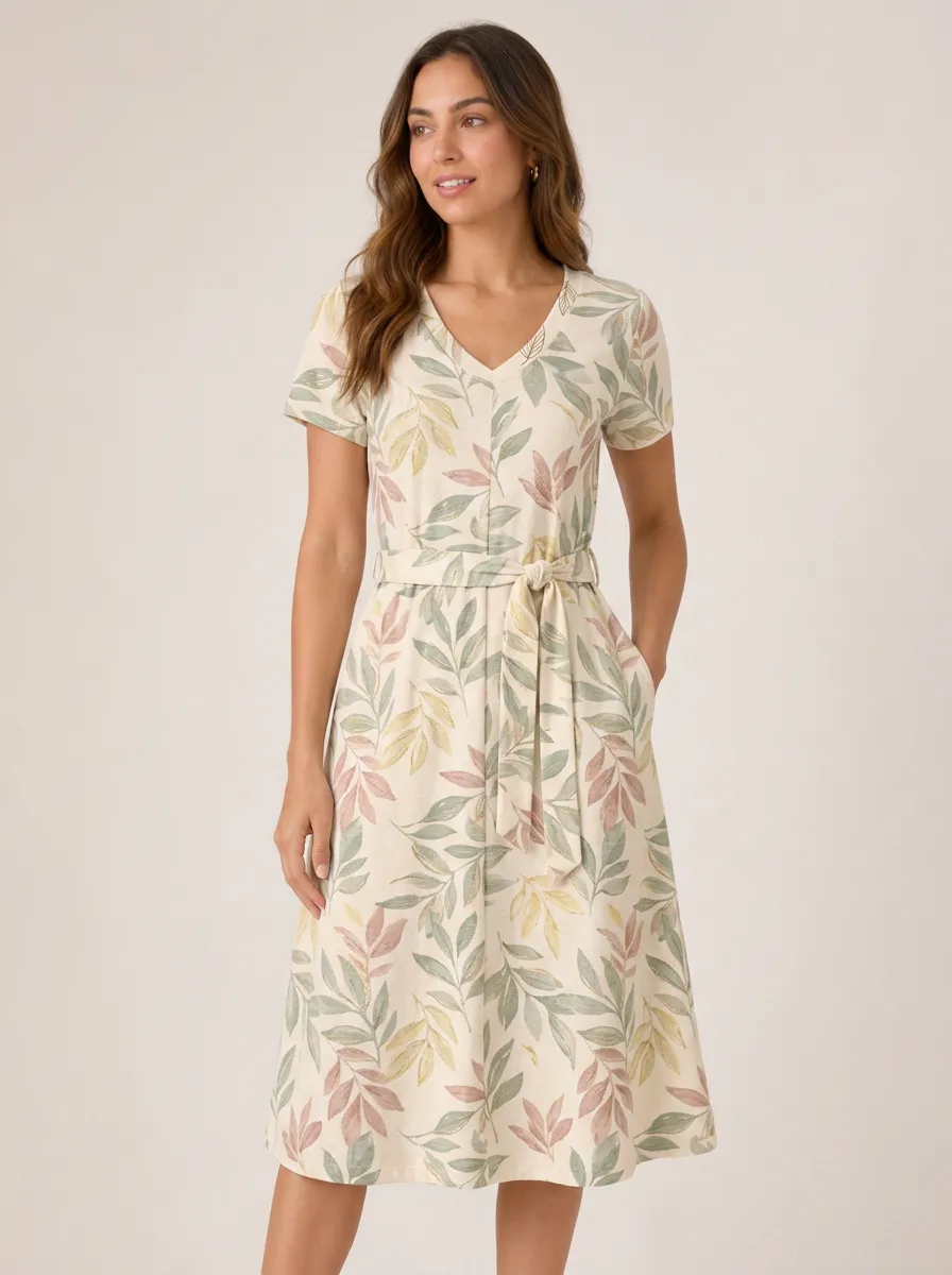 Women's Botanical Lover Pastel Leaf Printed V-Neck Dress