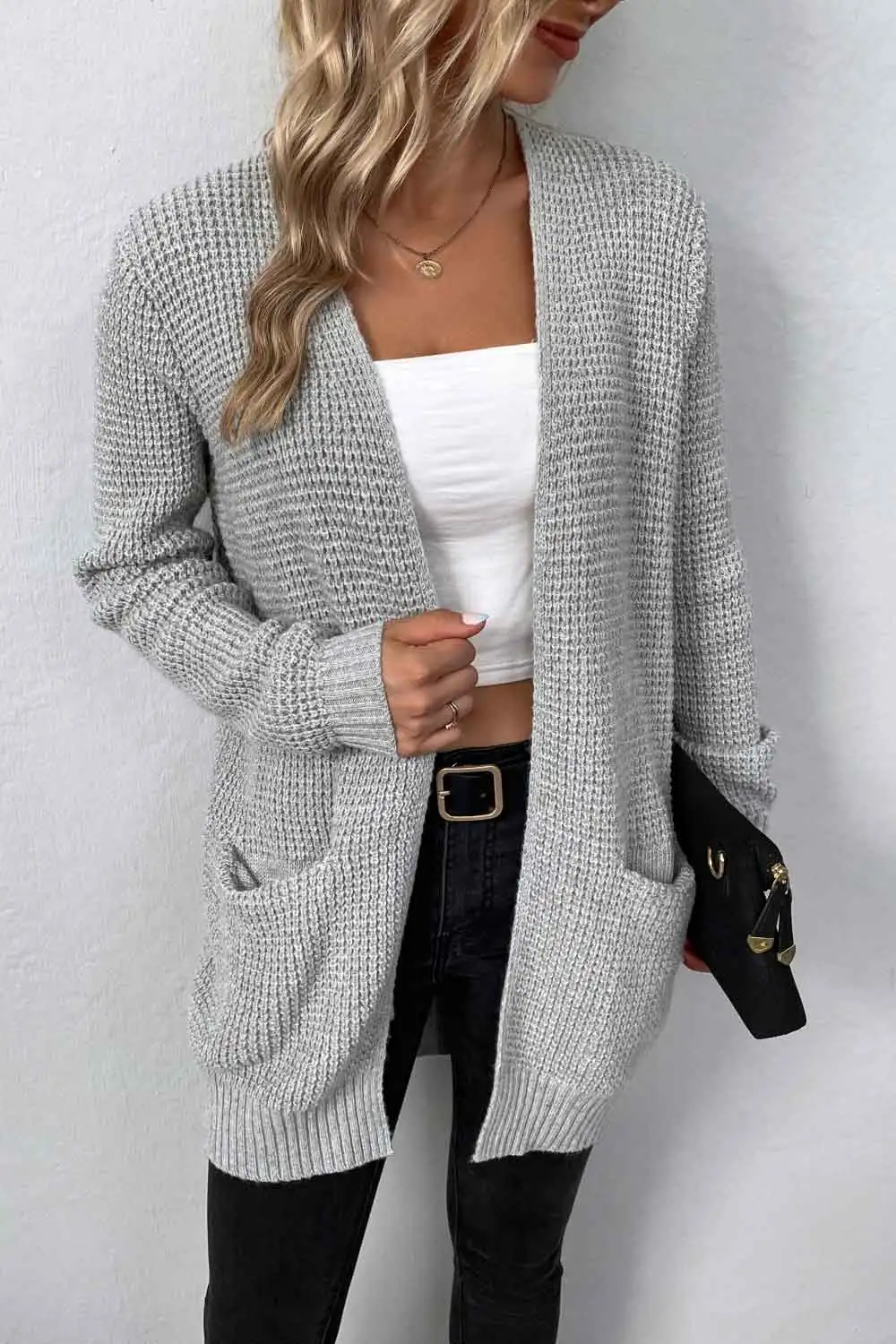 Rib-Knit Open-Front Pocketed Cardigan