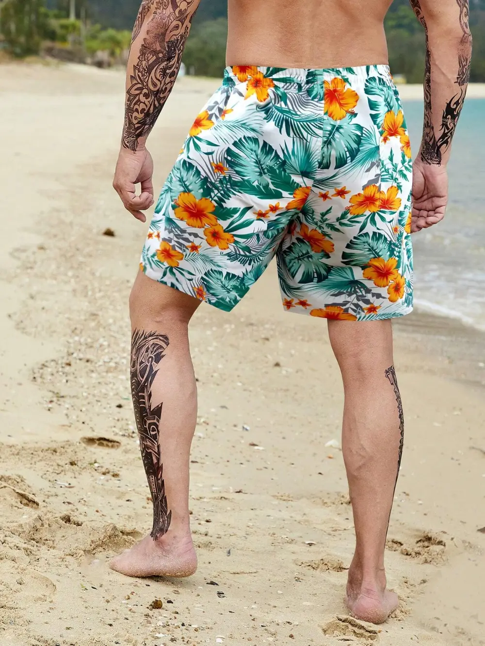 Men's Coastal Tropical Allover Print Drawstring Pocket Beach Shorts