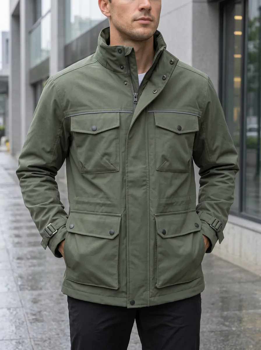 Men's Olive Green Waterproof Field Jacket with a Chest Pocket