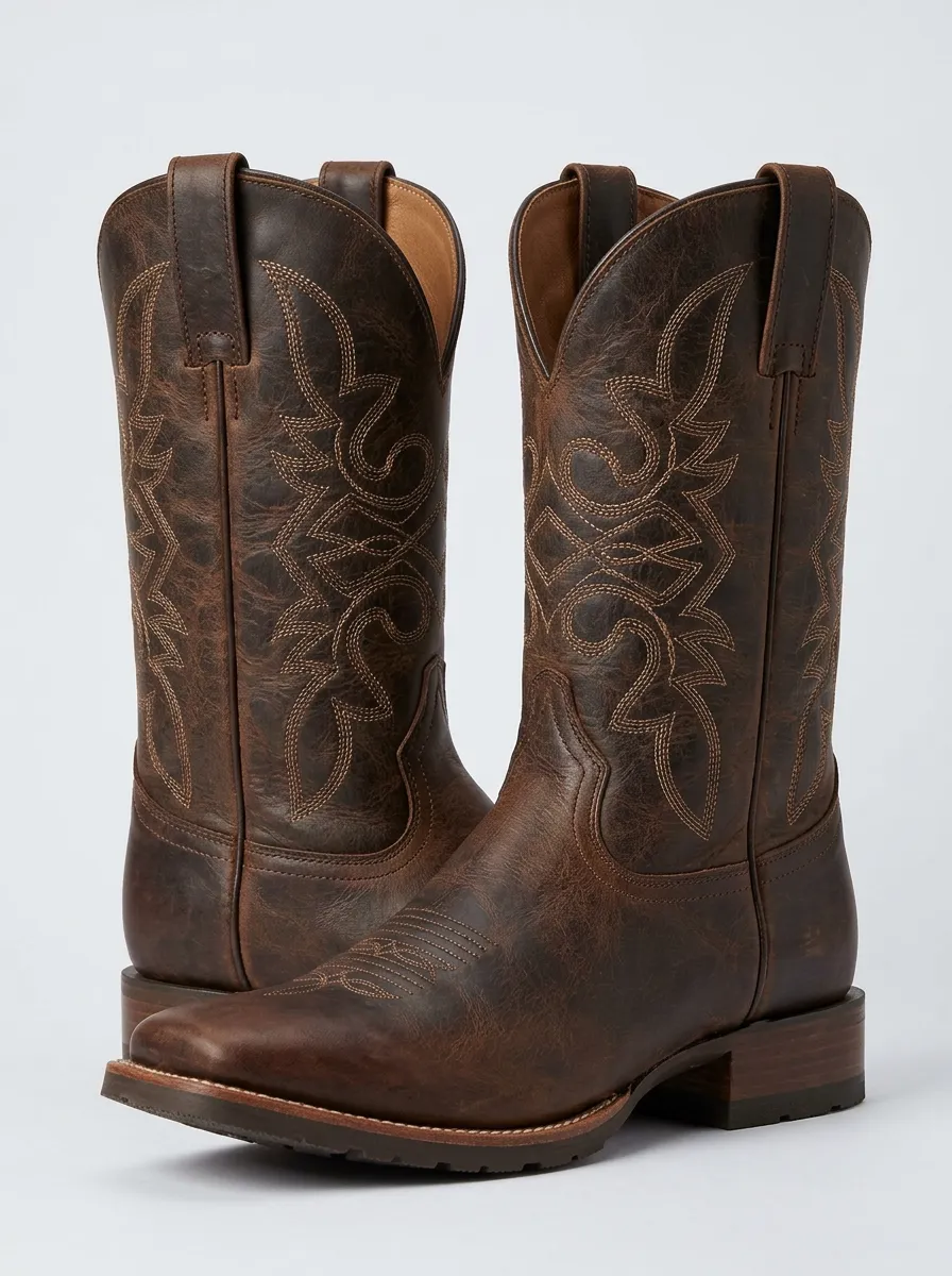Rustic Embroidered Leather-Look Motif Unisex Western Cowboy Boots