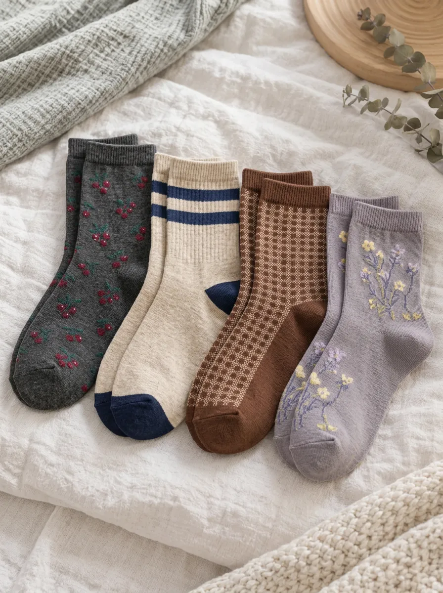 Women's Vintage Style Cherry Plaid Floral Printed Socks Set