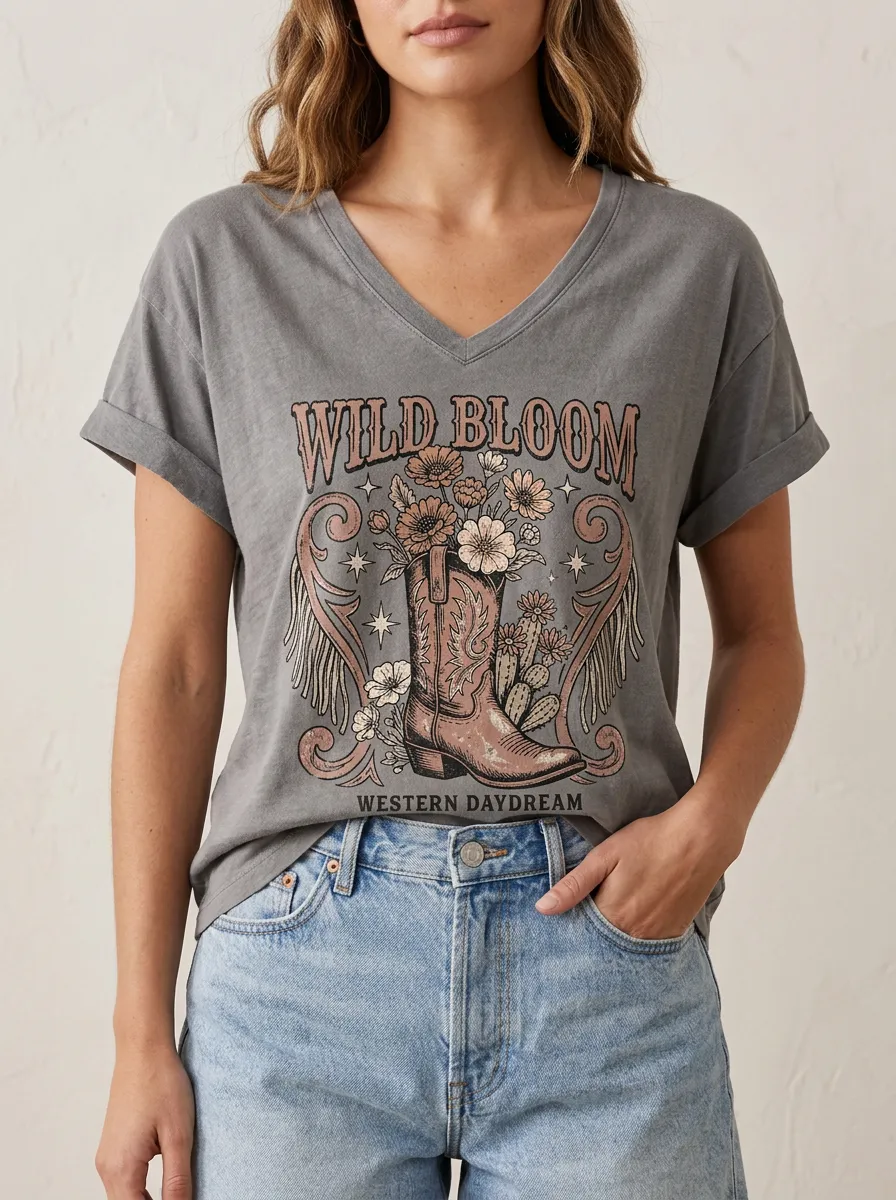 Refined Cowboy-Boot Floral Women's V-Neck T-Shirt