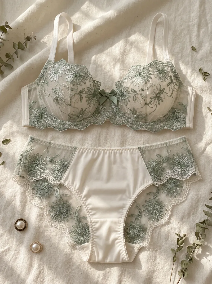 Women's Floral Embroidery Sheer Lace Embroidered Lingerie Set