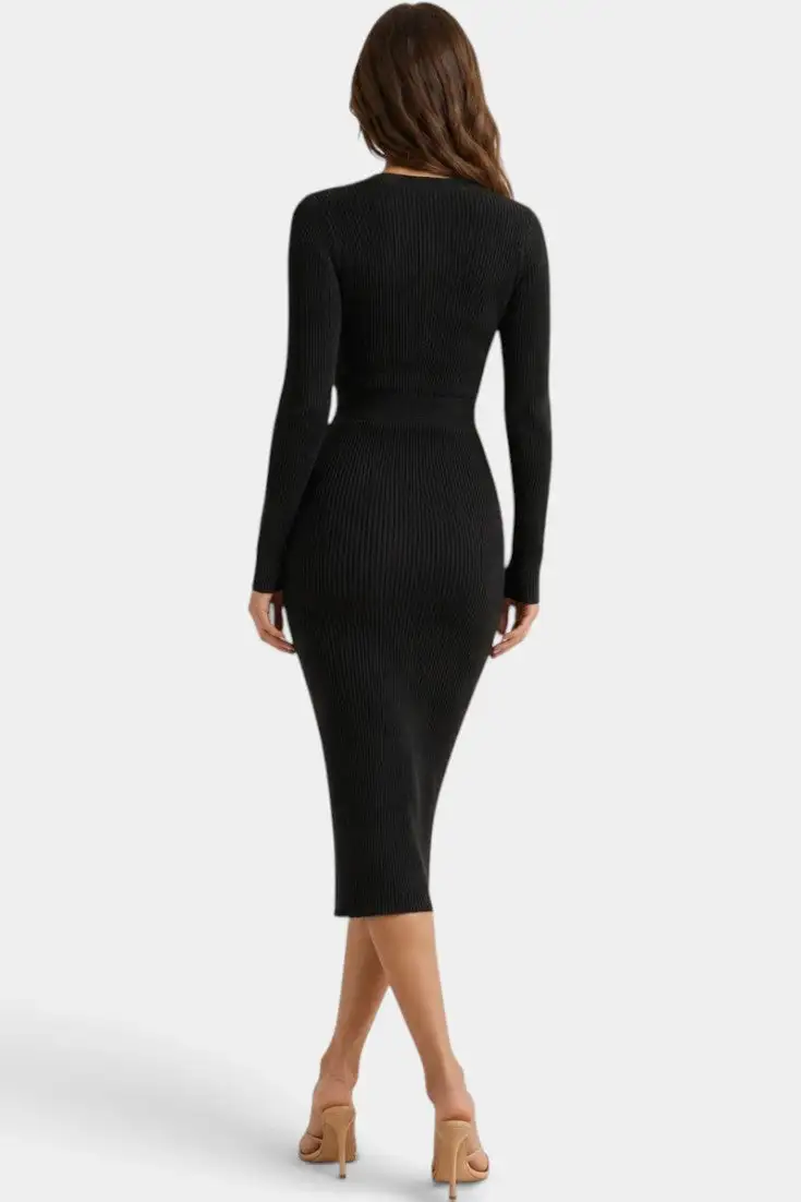 Ribbed-Knit V-Neck Midi Dress
