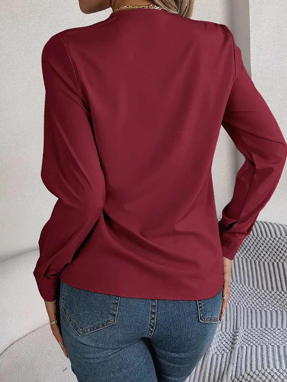 Textured V-Neck Long Sleeve Blouse