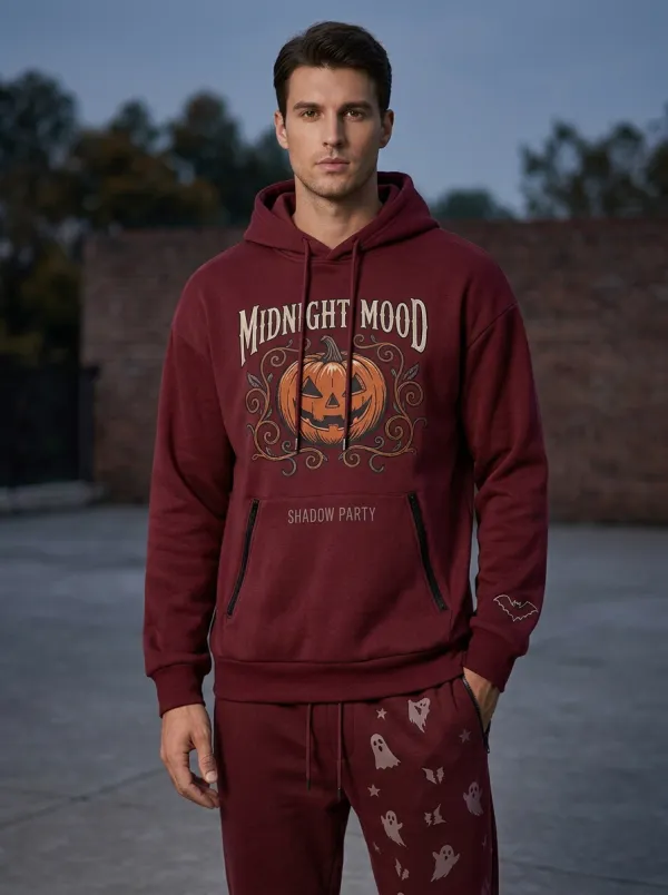 Men's Halloween Charcoal Midnight Mood Pumpkin Ghost Zip-Pocket Hoodie Jogger Set