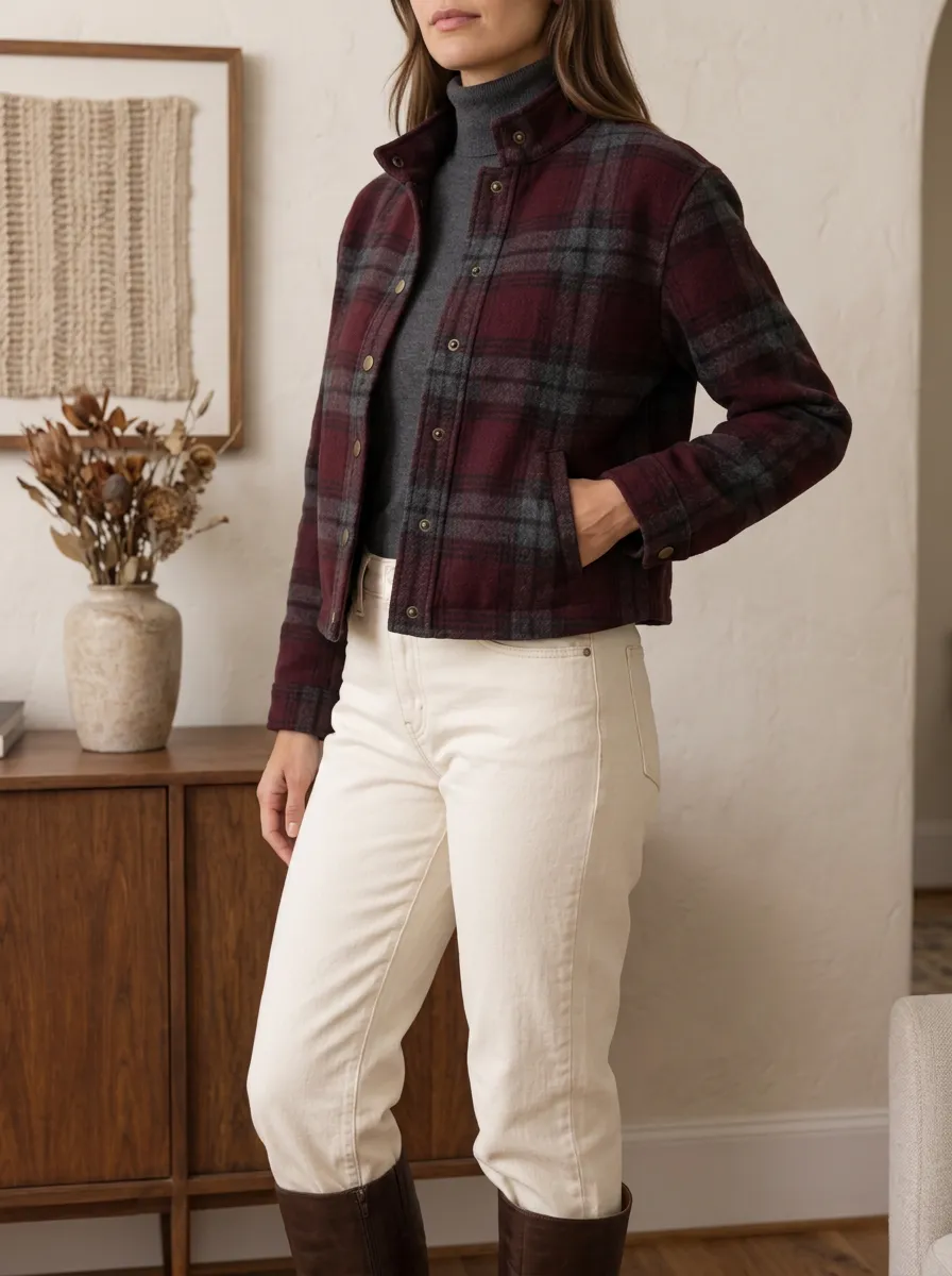 Women's Textured Utility Plaid Stand Collar Cropped Jacket