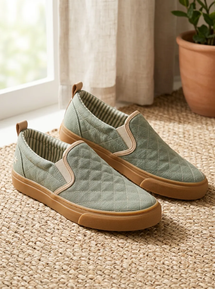 Women's Casual Sage Green Quilted Pattern Printed Slip-on Shoes