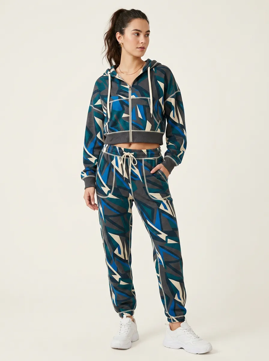 Women's Geometric Pattern Printed Zip-up Hoodie Jogger Set