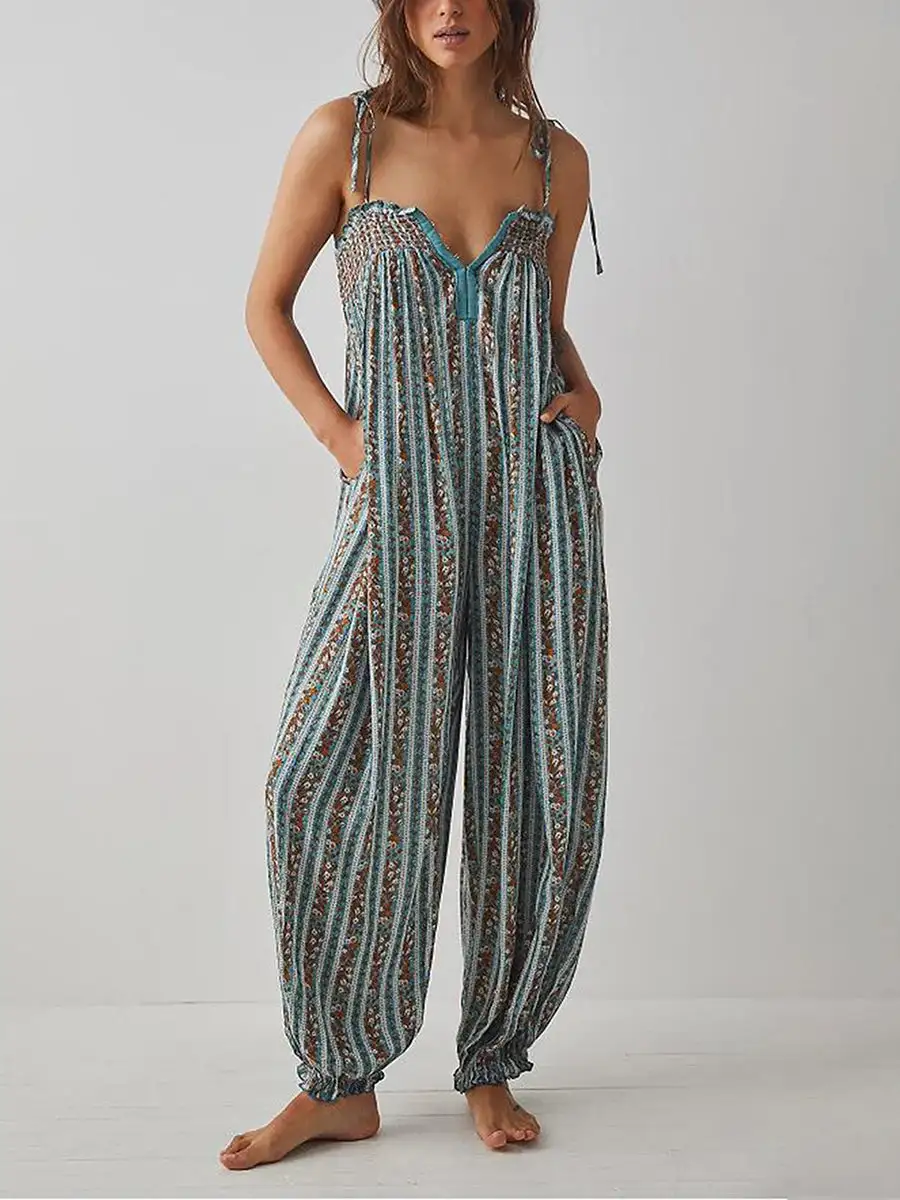 Boho Printed Smocked Harem Jumpsuit