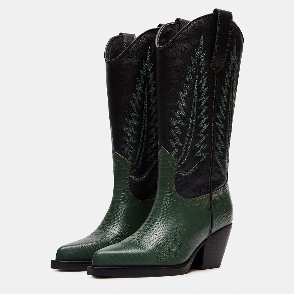 Classic Faux-Leather Embroidered Pointed-Toe Chunky-Heel Mid-Calf Boots