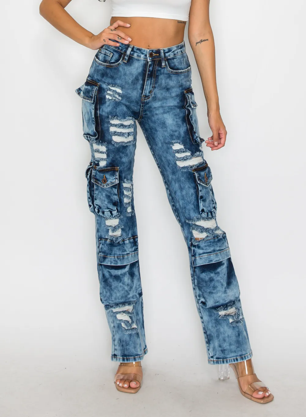 Mid-Rise Washed Cargo Jeans