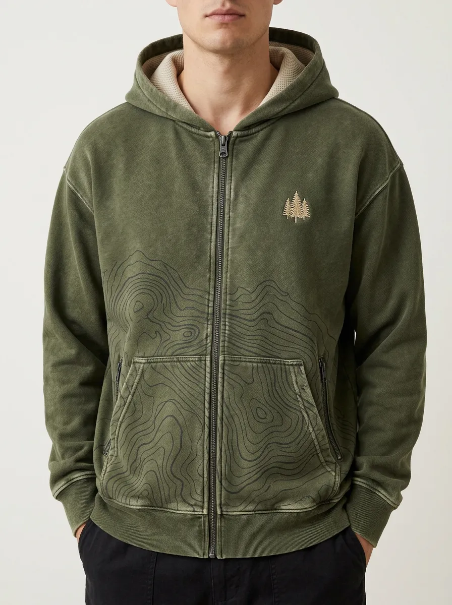 Men's Outdoor Nature Lover Topographic Pine Tree Printed Zip Hoodie