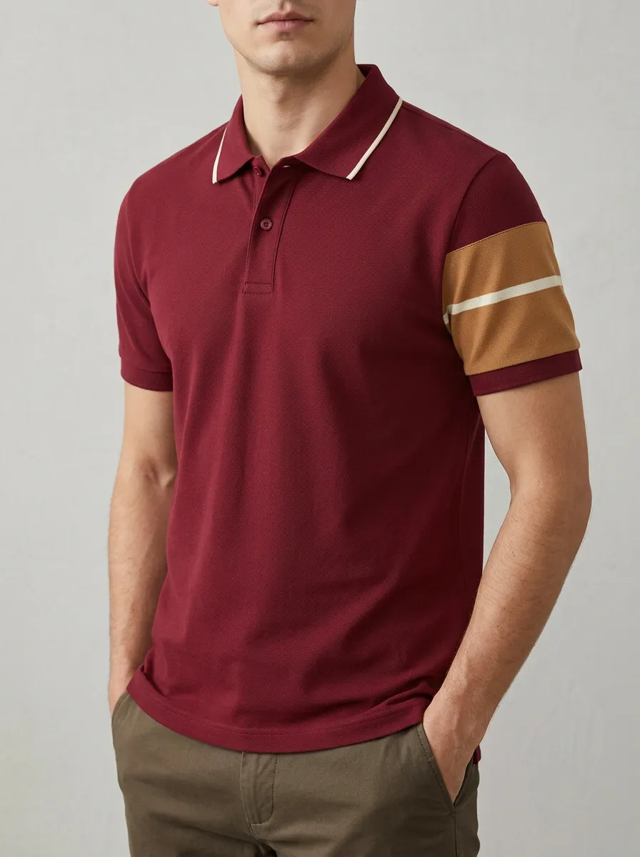 Men's Burgundy Colorblock Sleeve Striped Polo Shirt