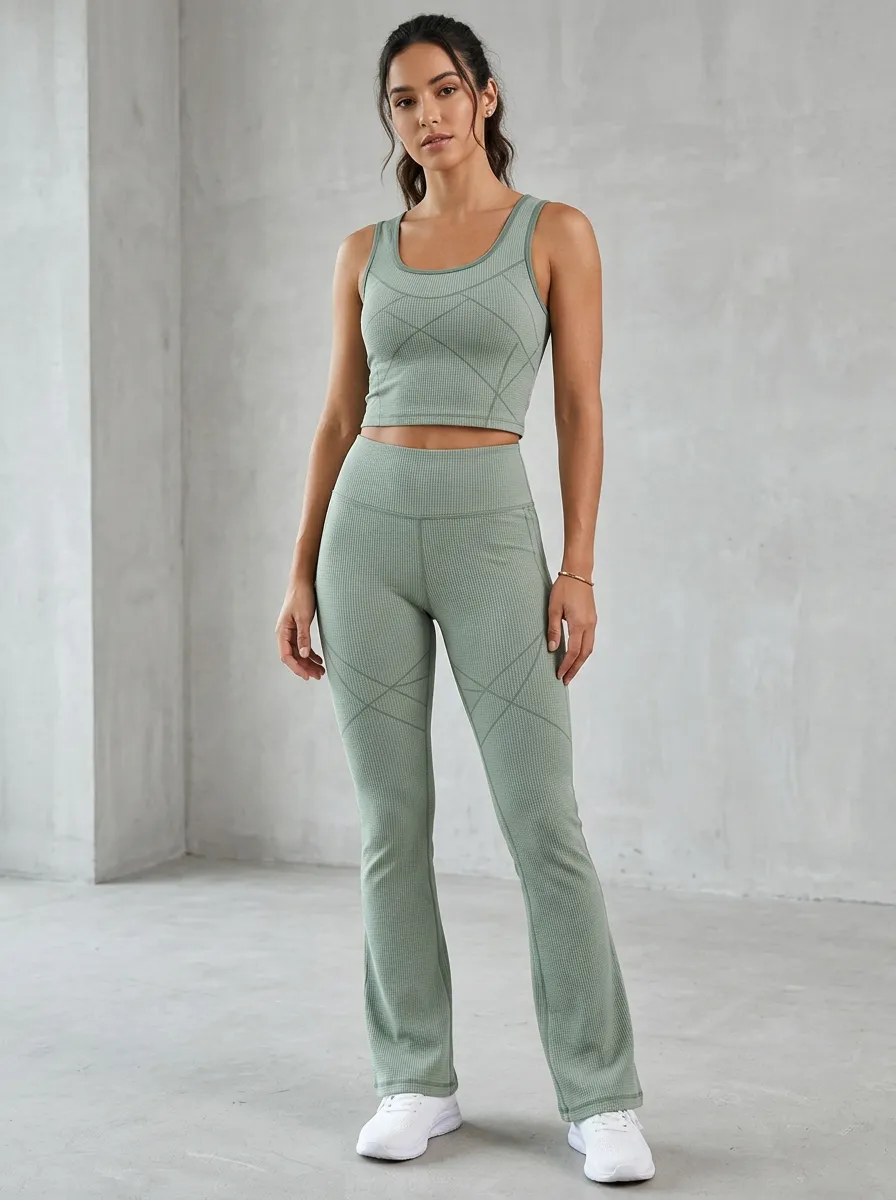 Ribbed Yoga Fitness Geometric-Detail Women's Tank Top Flare Pants Active Set