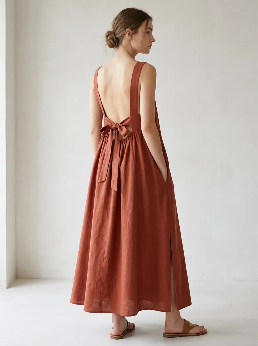 Women's Casual Bow-Back Linen Backless Dress