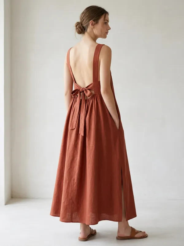 Women's Casual Bow-Back Linen Backless Dress