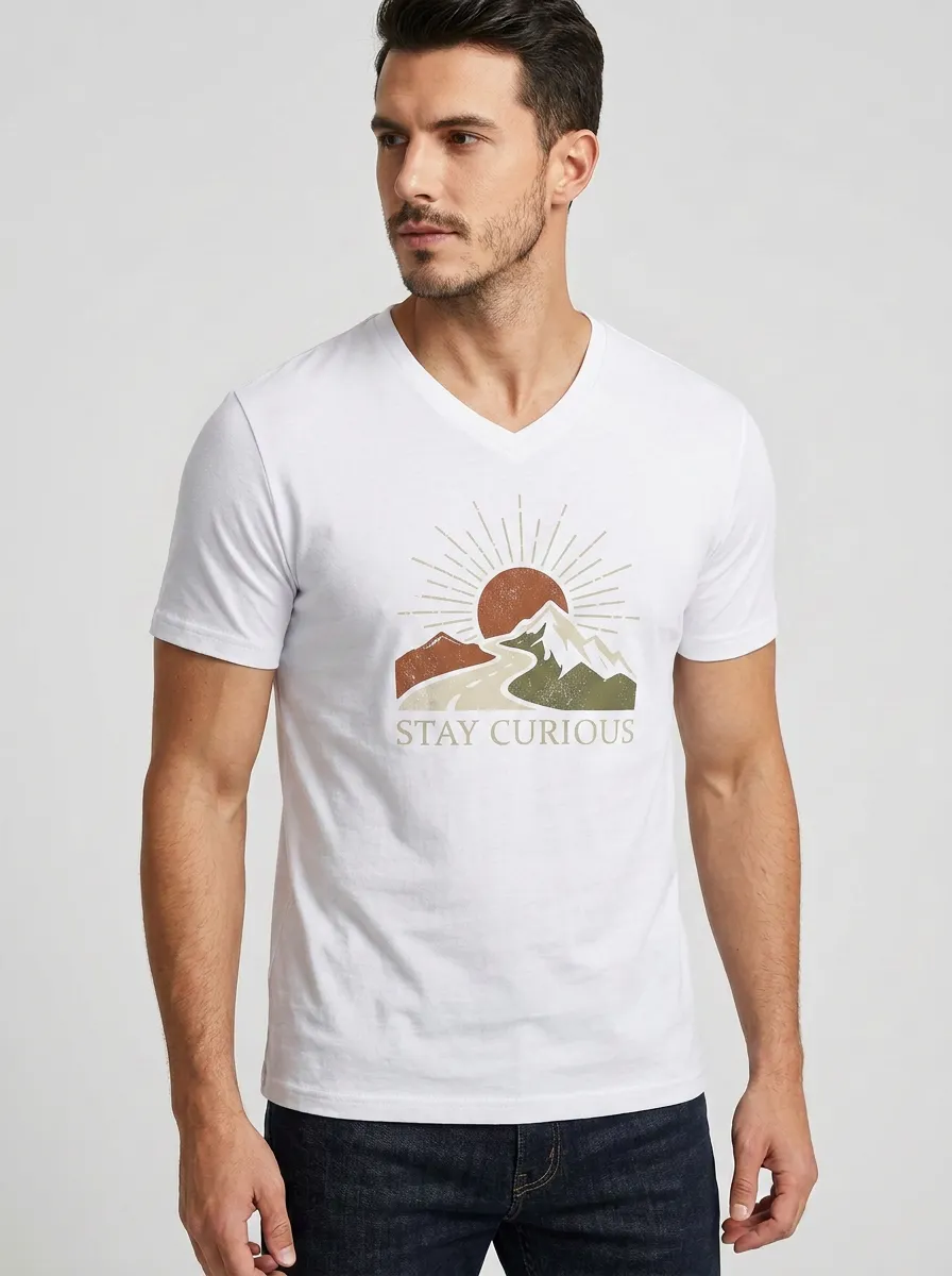 Men's Adventure Nature Lover Stay Curious Mountain Sun Printed V-Neck T-Shirt