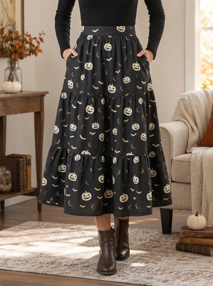 Women's Halloween Pumpkin Bat Moon Printed Tiered Midi Skirt