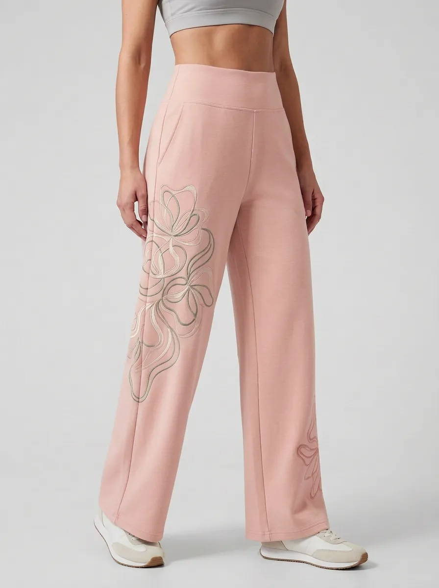 Women's Beige Floral Embroidered Wide-Leg Sweatpants