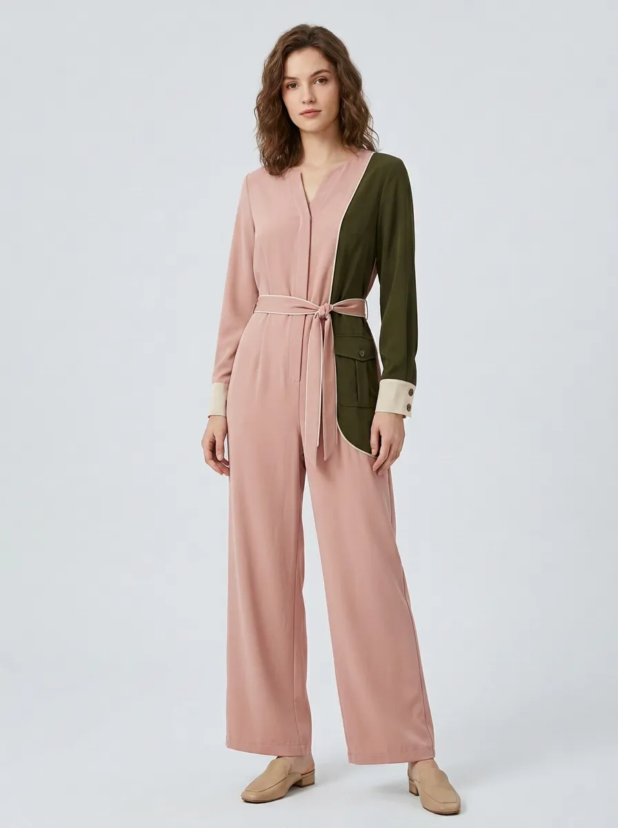 Women's Casual Elegant Olive Khaki Colorblock Belted Jumpsuit