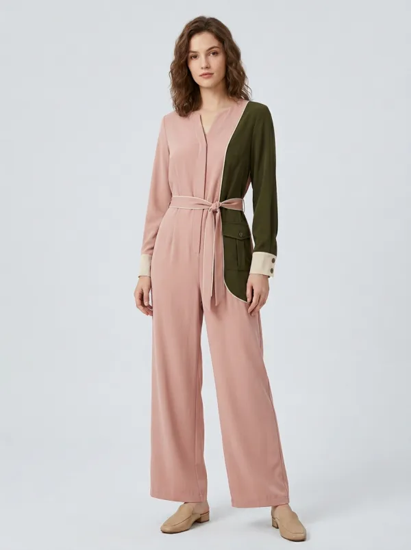 Women's Casual Elegant Olive Khaki Colorblock Belted Jumpsuit