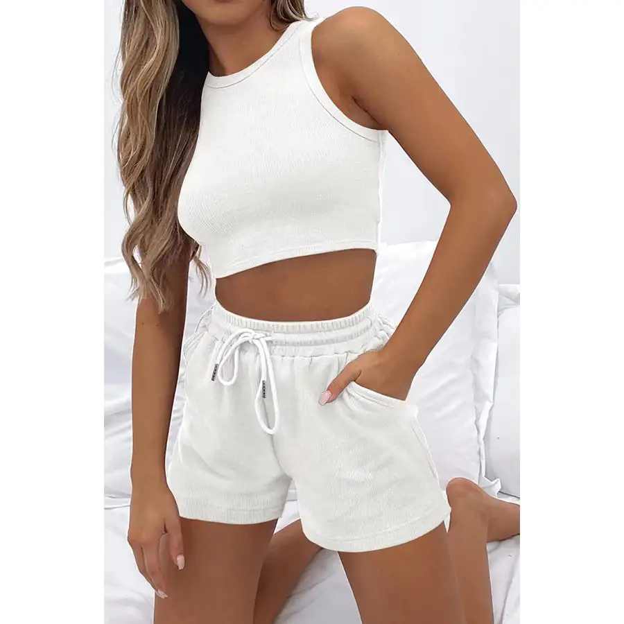 Relaxed Round Neck Top and Drawstring Shorts Set