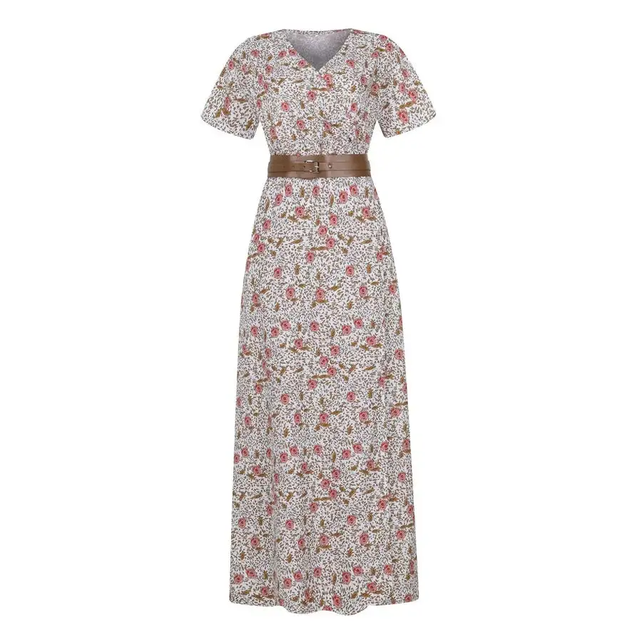 Full Size Printed V Neck Short Sleeve Maxi Dress Plus Size