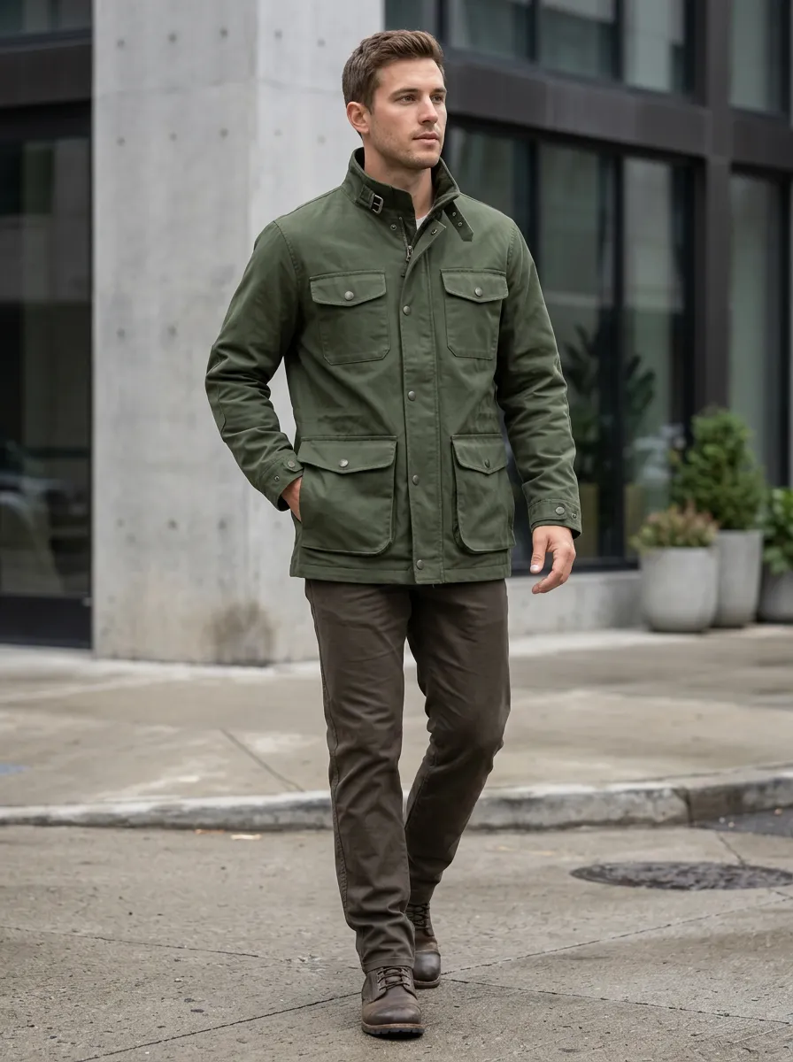 Men's Olive Green Waterproof Field Jacket with Patch Pockets