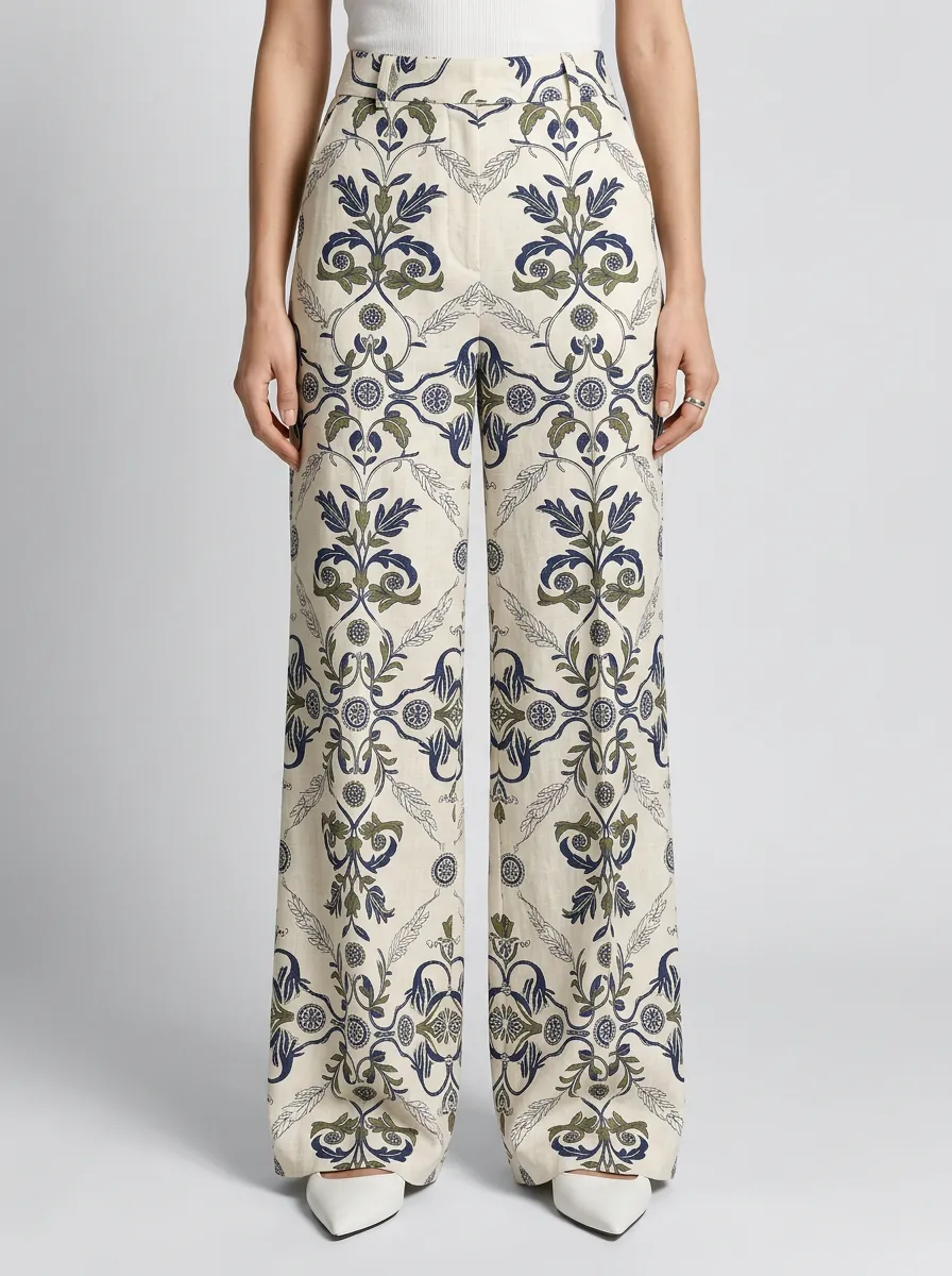 Women's Vintage Floral Damask Patterned High-Waisted Wide-Leg Pants